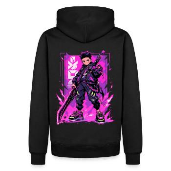 Shibuya: Cooler Anime Junge mit Schwert Japanisch - Männer Premium Bio Hoodie - Schwarz - Hinten - Nico (187cm)