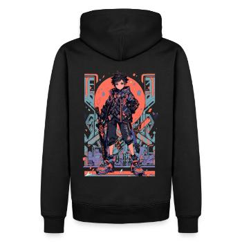 Shibuya: Cooler Anime Junge mit Schwert Japanisch - Männer Premium Bio Hoodie - Schwarz - Hinten - Nico (187cm)