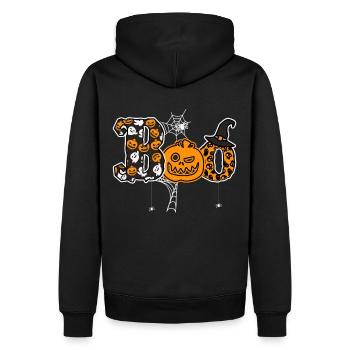 Lustiges Halloween "Boo" mit Kürbis und Hexenhut - Männer Premium Bio Hoodie - Schwarz - Hinten - Nico (187cm)