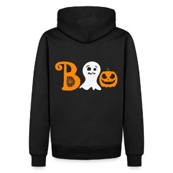 Lustiges Halloween "Boo" mit Kürbis und Gespenst - Männer Premium Bio Hoodie - Schwarz - Hinten - Nico (187cm)