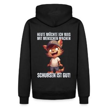 "Heute Menschen schubsen" - Sarkastische Katze - Männer Premium Bio Hoodie - Schwarz - Hinten - Nico (187cm)