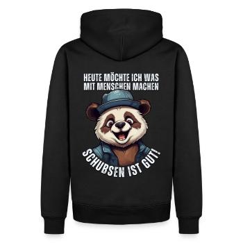 Süßer Cartoon Panda Bär: "Heute Menschen schubsen" - Männer Premium Bio Hoodie - Schwarz - Hinten - Nico (187cm)