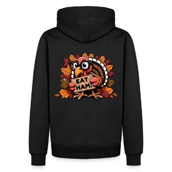 Manger du jambon - Drôle de dinde pèlerine Thanksgiving - Sweat à capuche Premium bio Homme - noir - Dos - Nico (187cm)