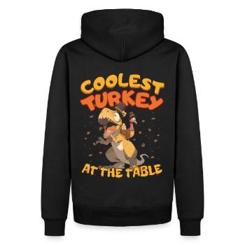 Thanksgiving T-Rex Coolest Turkey at the Table - Männer Premium Bio Hoodie - Schwarz - Hinten - Nico (187cm)