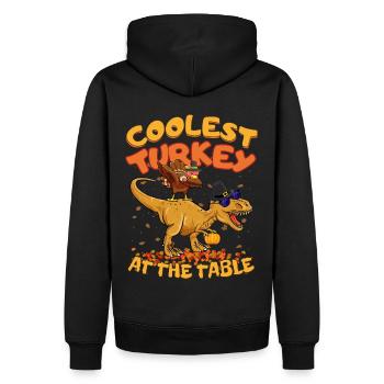 Thanksgiving T-Rex Coolest Turkey at the Table - Männer Premium Bio Hoodie - Schwarz - Hinten - Nico (187cm)