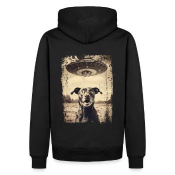 Lustiger Hund mit UFO Retro Vintage Alien - Männer Premium Bio Hoodie - Schwarz - Hinten - Nico (187cm)