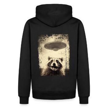 Lustiger Waschbär mit UFO Retro Vintage Alien - Männer Premium Bio Hoodie - Schwarz - Hinten - Nico (187cm)