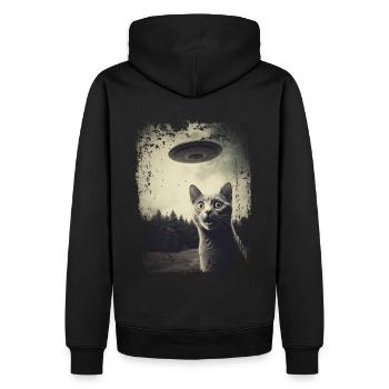 Lustige Katze mit UFO Retro Vintage Alien - Männer Premium Bio Hoodie - Schwarz - Hinten - Nico (187cm)