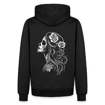 La Catrina Totenkopf-Seitenansicht mit Rosen - Männer Premium Bio Hoodie - Schwarz - Hinten - Nico (187cm)