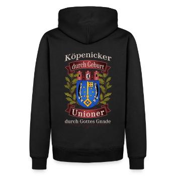 Köpenicker durch Geburt Unioner durch Gottes Gnade - Männer Premium Bio Hoodie - Schwarz - Hinten - Nico (187cm)