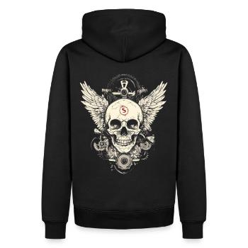Totenkopf mit Flügel für Biker – Mechanischer Look - Männer Premium Bio Hoodie - Schwarz - Hinten - Nico (187cm)