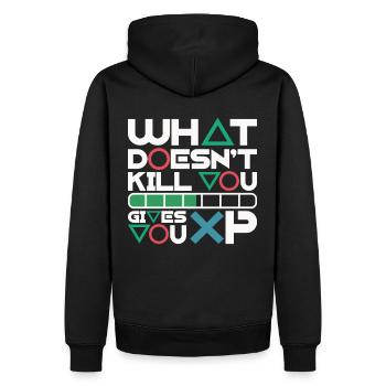 Was dich nicht umbringt, gibt dir XP – Motivation - Männer Premium Bio Hoodie - Schwarz - Hinten - Nico (187cm)