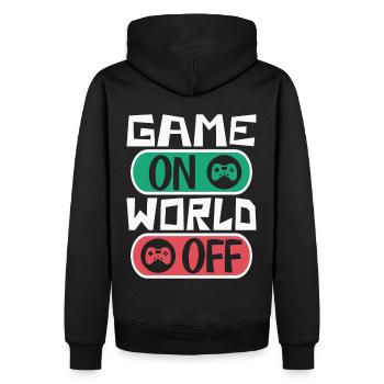 Gaming gamer game on, world off – dicton gamer - Sweat à capuche Premium bio Homme - noir - Dos - Nico (187cm)