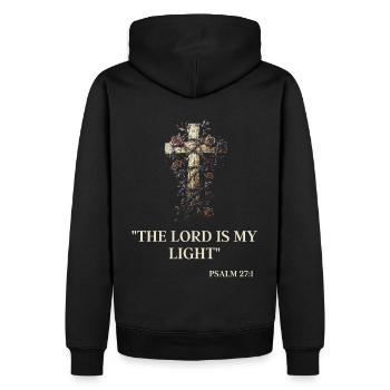 Jésus : Croix, Lumière, Espérance, Psaume 27:1 - Sweat à capuche Premium bio Homme - noir - Dos - Nico (187cm)