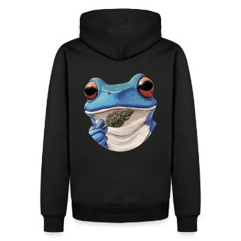 Blauer Frosch mit Weed-Blüte - Weed Frosch Design - Männer Premium Bio Hoodie - Schwarz - Hinten - Nico (187cm)