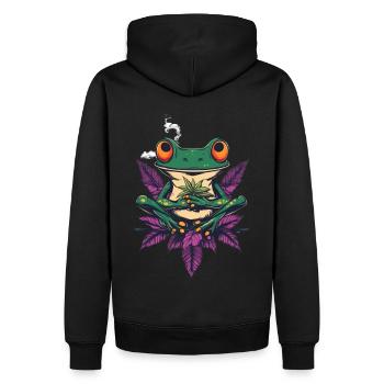 Frosch mit Joint und Cannabisblatt - Weed Frosch - Männer Premium Bio Hoodie - Schwarz - Hinten - Nico (187cm)