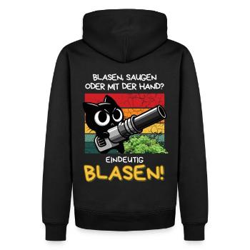 Blasen? Eindeutig! – Lustige Katze mit Laubbläser - Männer Premium Bio Hoodie - Schwarz - Hinten - Nico (187cm)