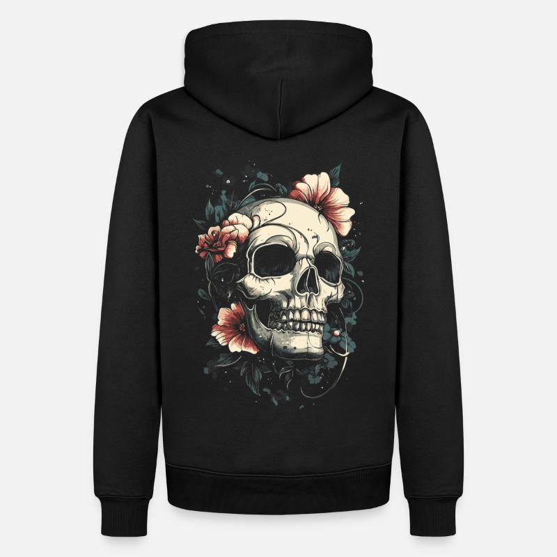 Schädel mit Blumen Tattoo-Stil - Männer Premium Bio Hoodie - Schwarz