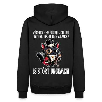 Sa respiration est inquiétante – Chat cynique au regard noble - Sweat à capuche Premium bio Homme - noir - Dos - Nico (187cm)