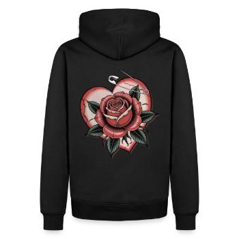 Coeur avec Rose avec épingle à nourrice, Amour, Tatouage - Sweat à capuche Premium bio Homme - noir - Dos - Nico (187cm)