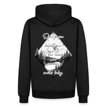 Dire pour la personne derrière vous Apportez un sourire - Sweat à capuche Premium bio Homme - noir - Dos - Nico (187cm)