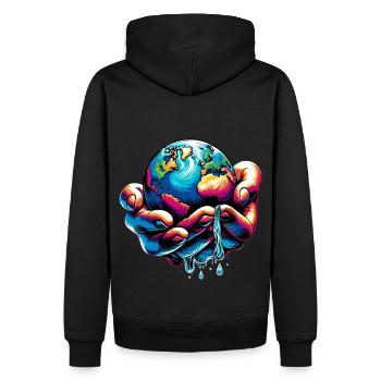 Hand & Erde Design/ Motiv: Umweltschutz - Männer Premium Bio Hoodie - Schwarz - Hinten - Nico (187cm)