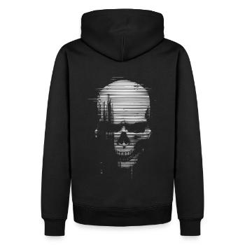 Glitch Skull Design – Cyberpunk Totenkopf Kunst - Männer Premium Bio Hoodie - Schwarz - Hinten - Nico (187cm)