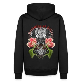 Vintage-Skull, Totenkopf mit Blumen, Tigerlilien - Männer Premium Bio Hoodie - Schwarz - Hinten - Nico (187cm)