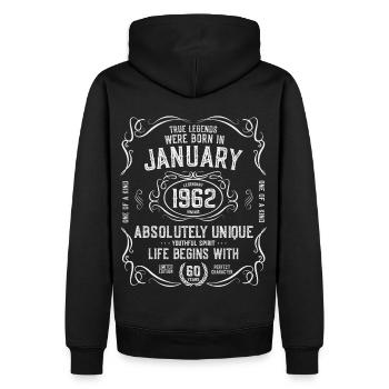 1962 Janvier 60 ans - Sweat à capuche Premium bio Homme - noir - Dos - Nico (187cm)