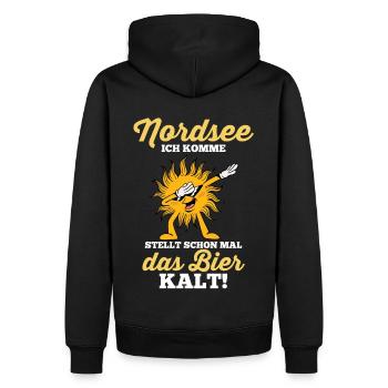 Nordsee ich komme stellt schon mal das Bier kalt - Männer Premium Bio Hoodie - Schwarz - Hinten - Nico (187cm)