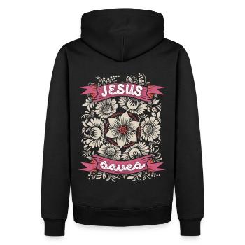 Jesus-Saves, Jesus Christus, Vintage-Blumen Spruch - Männer Premium Bio Hoodie - Schwarz - Hinten - Nico (187cm)
