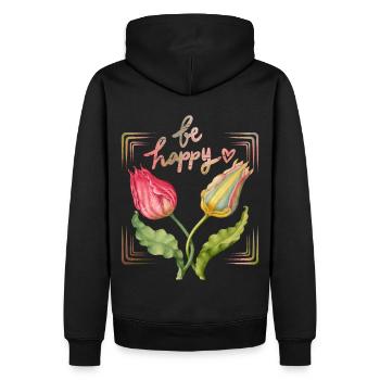 Be-Happy, Motivation, Spruch mit Vintage-Tulpen - Männer Premium Bio Hoodie - Schwarz - Hinten - Nico (187cm)