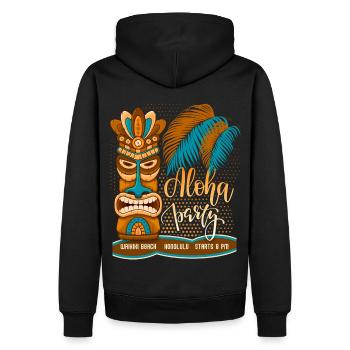 Hawaï, fête sur la plage, Honolulu avec masque tiki - Sweat à capuche Premium bio Homme - noir - Dos - Nico (187cm)