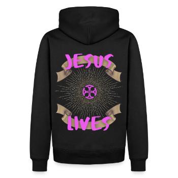 Jesus-Lives, Spruch Jesus Christus, Motivation - Männer Premium Bio Hoodie - Schwarz - Hinten - Nico (187cm)