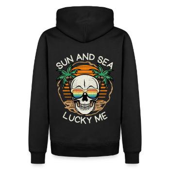 Laughing Skull, Beach, Sunset Sunset - Men’s Premium Organic Hoodie - black - Back - Nico (187cm)