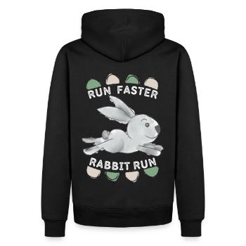 Run-Faster-Rabbit-Run, Lapin doux, Dicton drôle - Sweat à capuche Premium bio Homme - noir - Dos - Nico (187cm)