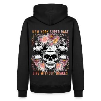 Totenkopf Skull, Motorrad, New York Biker-Race - Männer Premium Bio Hoodie - Schwarz - Hinten - Nico (187cm)