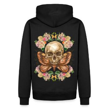 Totenkopf Schädel Skull mit Nachtfalter Hortensien - Männer Premium Bio Hoodie - Schwarz - Hinten - Nico (187cm)