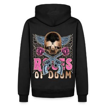 Totenkopf, Colt-Revolver, Rosen-Motiv - Männer Premium Bio Hoodie - Schwarz - Hinten - Nico (187cm)