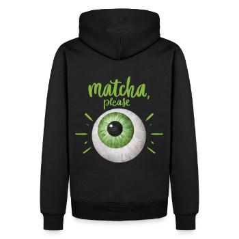Grüner Tee, Matcha-Tee, lustiges Design mit Auge - Männer Premium Bio Hoodie - Schwarz - Hinten - Nico (187cm)