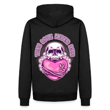 Totenkopf und Herz, Valentinstag lustiger Spruch - Männer Premium Bio Hoodie - Schwarz - Hinten - Nico (187cm)