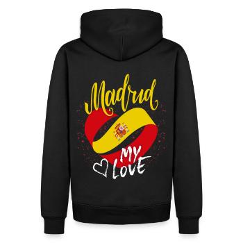 Madrid-Spanien, Flagge, lustiger Spruch - Männer Premium Bio Hoodie - Schwarz - Hinten - Nico (187cm)