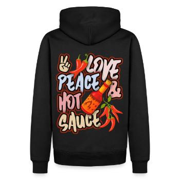 Pepperoni, Pfeffer scharfe Soße, Peace-and-Love - Männer Premium Bio Hoodie - Schwarz - Hinten - Nico (187cm)