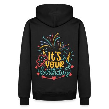 Anniversaire, Typographie, Feux d’artifice d’anniversaire, Dire - Sweat à capuche Premium bio Homme - noir - Dos - Nico (187cm)