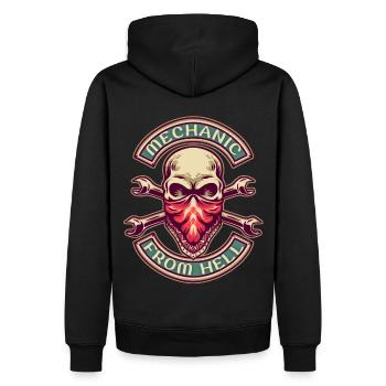 Motorrad Mechaniker, Skull Totenkopf Retro-Design - Männer Premium Bio Hoodie - Schwarz - Hinten - Nico (187cm)