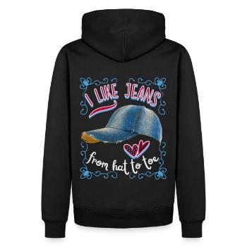 Jeans, Jeanshut, lustiger Spruch, Pun - Männer Premium Bio Hoodie - Schwarz - Hinten - Nico (187cm)