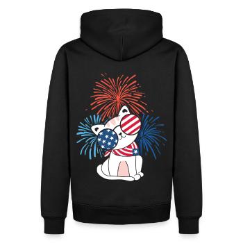Katze, Amerika, 4th July, USA Flagge USA-Feuerwerk - Männer Premium Bio Hoodie - Schwarz - Hinten - Nico (187cm)