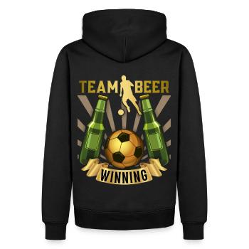 Fußball, Bier, Bierspruch mit Bierflaschen Spruch - Männer Premium Bio Hoodie - Schwarz - Hinten - Nico (187cm)