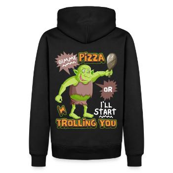 Lustiger Troll will Pizza haben, Spruch Comic Stil - Männer Premium Bio Hoodie - Schwarz - Hinten - Nico (187cm)