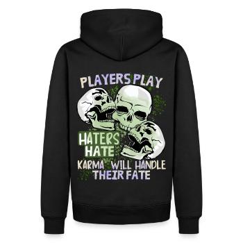 Comic Totenkopf Skull lustiger Schicksal-Spruch - Männer Premium Bio Hoodie - Schwarz - Hinten - Nico (187cm)